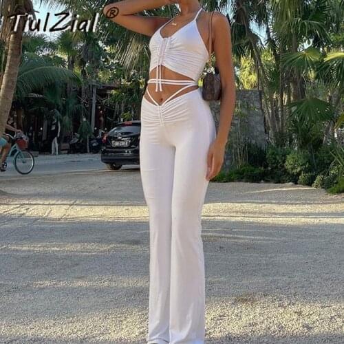TiulZial Solid Matching Women Set Lace Up Tracksuit Two Piece Outfits Summer Halter Top And High Waist Flare Pants Suit
