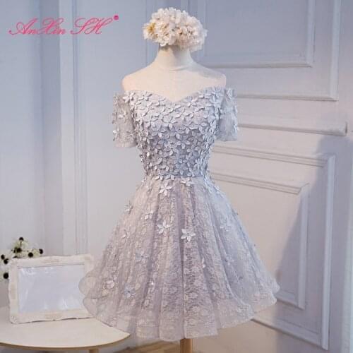 AXJFU princess grey lace boat neck Bridesmaid Dress champagne lace fashion beading pearls a line pink short Bridesmaid Dress