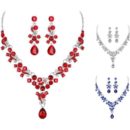 Women Prom Wedding Bridal Faux Crystal Rhinestone Necklace Earrings Jewelry Set Necklace Earrings Jewelry Set