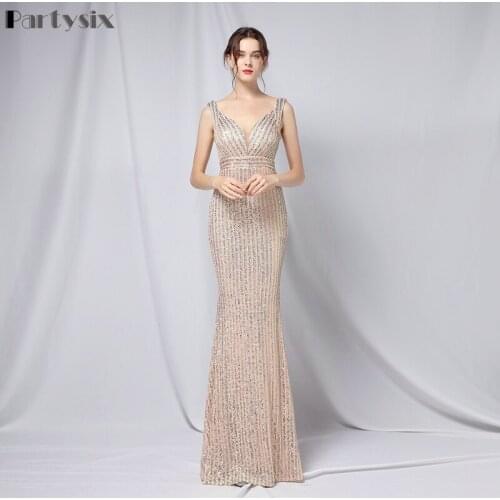 Partysix Sequins 2021 Sexy Deep V Neck Sequins Evening Party Dress Women Bodycon Dress Sleeveless Women Maxi Dress