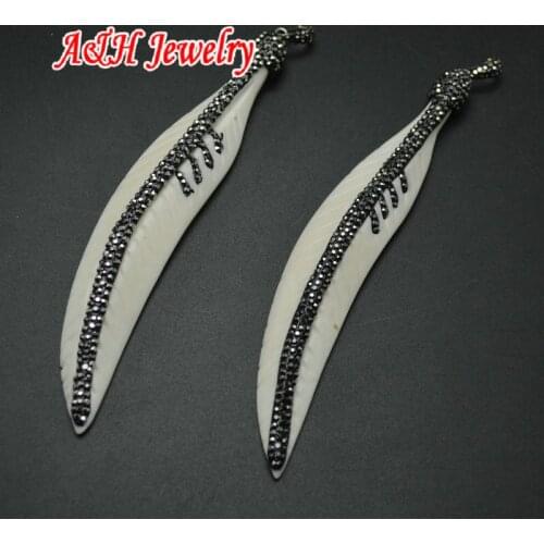 2pcs 70mm Long White Bone Carved Feather Pendant Rhinestone Paved Fashion Women Jewelry Making Materials