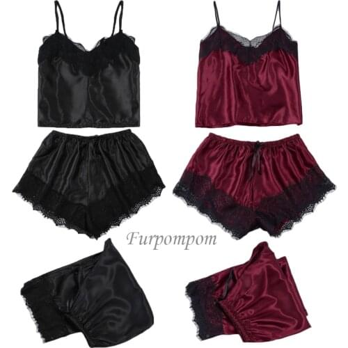 3pcs Women Satin Lace Mesh Sleepwear Black red Colors Homewear Nightwear Pyjamas Set Female Sexy Sleepwear Outfits home suit