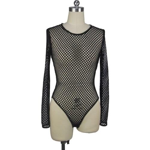 European Style Long Sleeve Bodysuit Hollow Out Net Transparent Romper Black Skinny Jumpsuit Women Sexy Bodysuit 2019