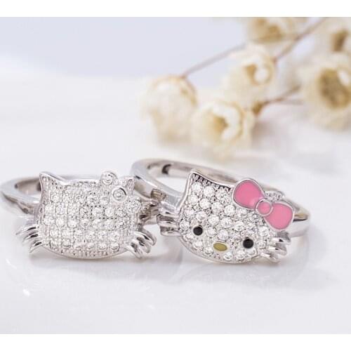 Korean fashion cute cartoon Kitty adjustable ring woman with zircon bow knot to send Valentines Day Gifts on February 14