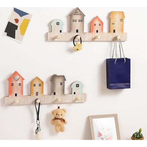 Creative Wooden Wall Hooks House Style Coat Key Hanger Home Decorative Home Wall Mounted Hanger Shelf Key Holder Hooks