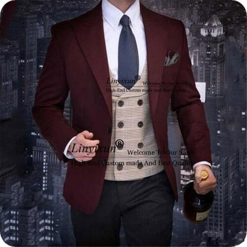 Burgundy Shawl Lapel Groom Tuxedos Men Suits Wedding Man Blazers 3 Pieces Black Groomsmen Suits Costume Homme(Jacket+Pant+Vest)