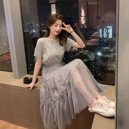2020 Summer New Style Style Mid-Length Stitching Sequin Gauze Short Sleeve Dress Womens Gentle Chic Fairy