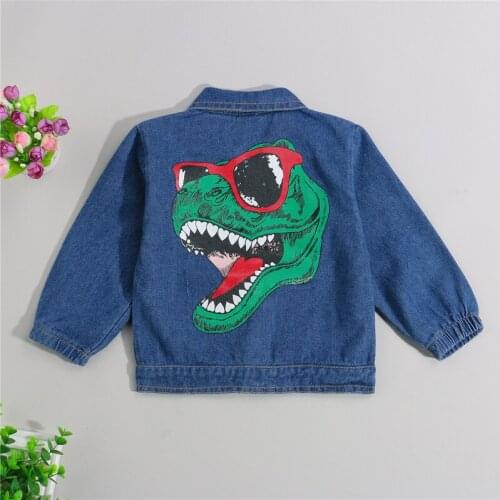 Autumn Fall Baby Pockets Denim Jacket Button-down Dinosaur Print Lapel Outerwear Childrens Clothing