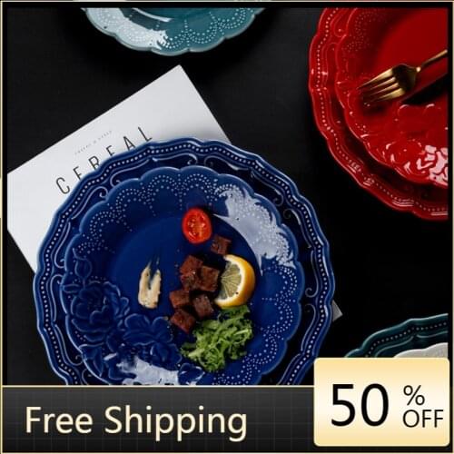 Flat Blue Green Dinner Plates European Style Fruit Tray Breakfast Food Salad Dessert Plate Microwave Vaisselle Tea Tray HX50DP