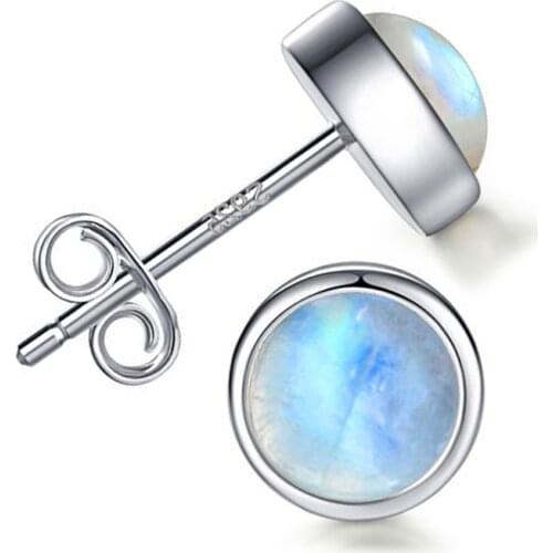 Luxury Female White Round Natural Gems Earrings Real 925 Sterling Silver Earrings For Women Cute Moonstone Small Stud Earrings