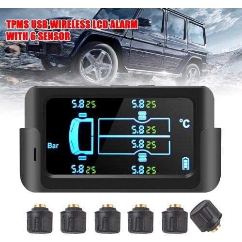 Solar Power Car Truck Tire Pressure Monitoring System LCD Screen TPMS Solar Tire Pressure Alarm 6PCS External Sensor
