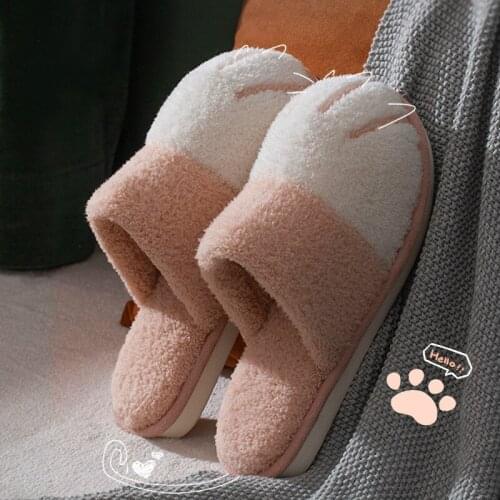 Winter Cartoon Cute Cat Paw Slippers Women Home Soft Warm Comfort Shoes Bedroom Non-Slip Indoor Floor Couple Plush Casual Slides