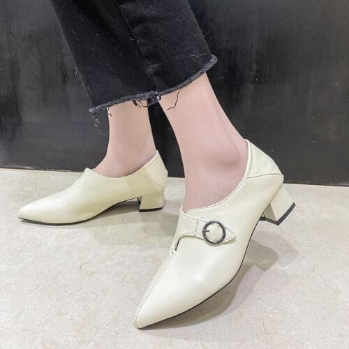 Rimocy 2021 New Pointed Toe Elegant Pumps Woman Fashion Buckle Square Heels Pumps Women Pu Leather Office Shoes Ladies Black