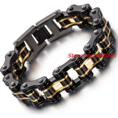 Top Quality Mens Motor Bike Chain Motorcycle Chain Bracelet Bangle 316L Stainless Steel Jewelry with Black Gold, 8.66"*16mm