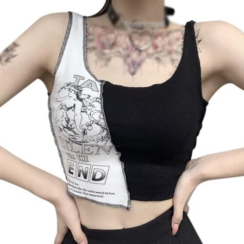 Womens Personalized Stitching Contrast Printing Outerwear Top Womens Casual Sling