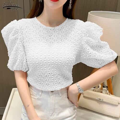 2021 Summer Short Sleeve Chiffon Blouses Women Breathable Slim Solid Shirt Lady Puff Sleeve Top Hollow Shirts Blusas Mujer 15532