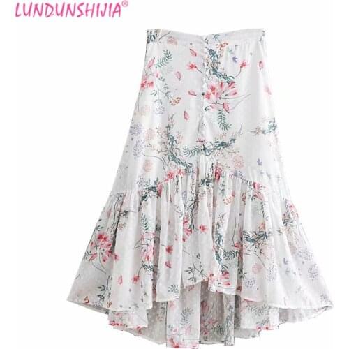 LUNDUNSHIJIA Flowers Printed Chiffon Skirt Women Fashion Streetwear Skirt 2019 New Summer Elegant Slim Irregular hem Skirts