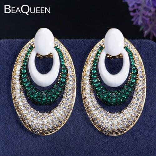 BeaQueen Luxury Hollow Geometry Full Mirco Paved Green Cubic Zirconia Long Large Dubai Wedding Stud Earrings Women Jewelry E279