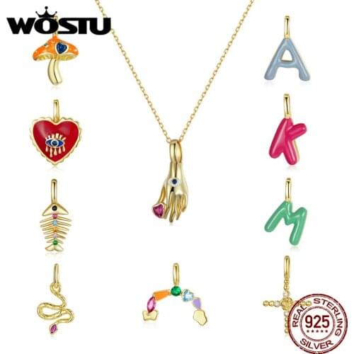 WOSTU Authentic 925 Sterling Silver Plated Gold Letter Heart Snake Pendant Fit Necklace Women Wedding Fashion DIY Jewelry Gift