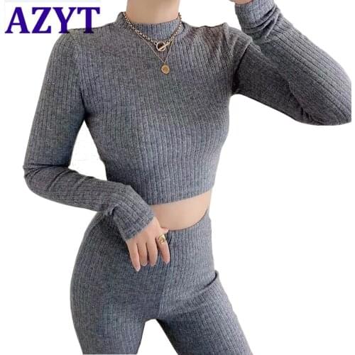 AZYT 2021 Spring New Knit Two Piece Set Women Casual Pullovers Crop Tops And Loose High Waist Flare Pants Lady Suit