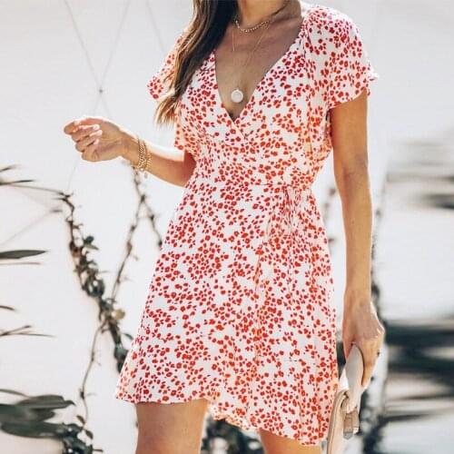 Womens V-Neck Printed Sexy Open Chest Lace-Up Fashion Dress Red