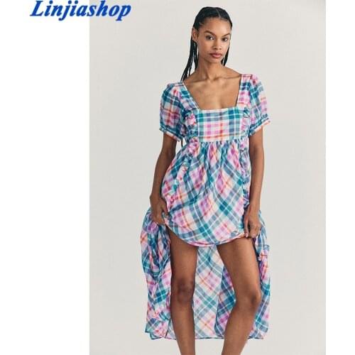 Women Romantic Plaid Fungus Decoration Dress Lantern Short Sleeve Vacation Ladies Midi Dress Vestidos