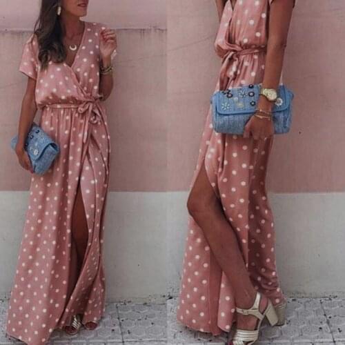 Women Sexy Pink Wave Point V-Neck Maxi Dress Female Fork Opening Long Dress Belt Ladies Sexy Polka-dot Split Dress Vestido Boho