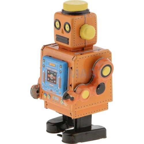 10cm Vintage Wind Up Clockwork Mechanical Walking Tin Robot Toy Gift for Kids/Adults Collectibles Yellow