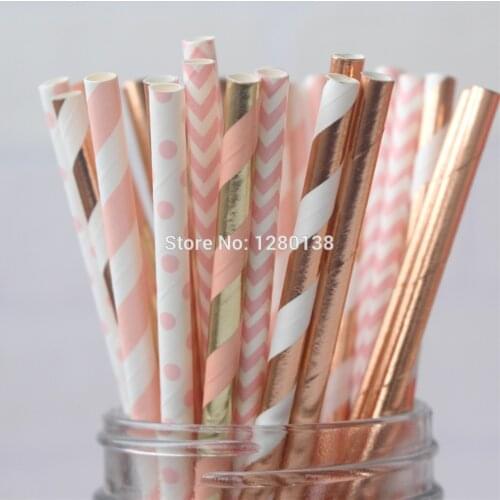 1000pcs Pink and Rose Gold Foil Paper Drinking Straws Striped Carnival Circus Party Favor Wedding Table Decoration Supplies
