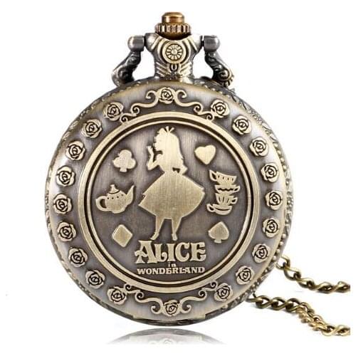 2018 Fashion Lovely Alice in Wonderland Design Round Quartz Pocket Watch With Necklace Chain For Girl Ladies Gift