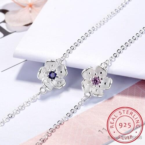 925 Sterling Silver Cute Sweet Dazzling Pink CZ Flower Bracelet For Women Girls Wedding Valentines Day Gift DT17
