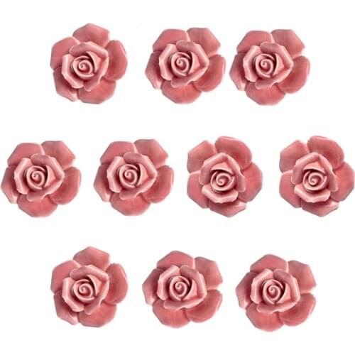 Promotion! 10 Pcs Ceramic Vintage Floral Rose Flower Door Knobs Handle Drawer Kitchen + Screws (Pink)