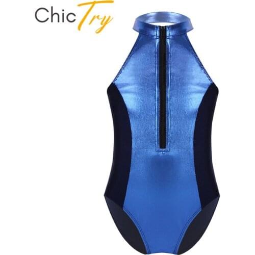 ChicTry Kids Teens Sleeveless Front Zippered Gymnastics Leotard Open Back Children Ballet Leotard Bodysuit Stage Dance Costume
