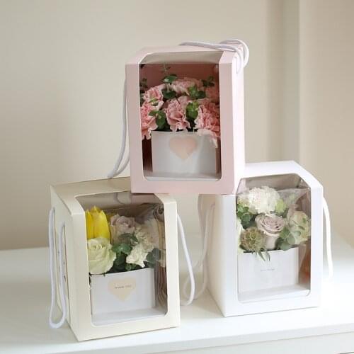 Flower Gift Box Single-sided Window PVC Transparent Square Portable Folding Flower Valentines Day Packaging With Rope Preserved