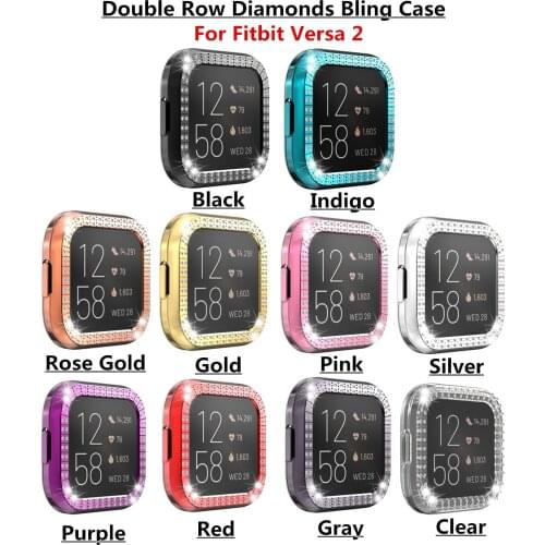 Double-row Bling Diamond Fashion Watch Case for Fitbit Versa 2/1 Hard PC Shockproof Cover Screen Protective Bumper for Versa 2
