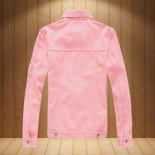 Denim Jackets Men Autumn Hot Sale New Brands Slim Motorcycle Casual Hole Ripped Coat Punk Style Long Sleeve Pink Jaqueta Hombre