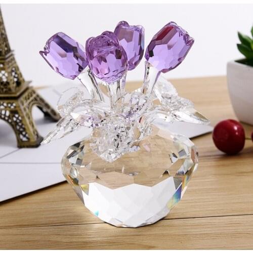 Crystal Rose Flower Figurine Glass Flower Sculpture Home Wedding Decoration Ornament Miniature Cute Gift Souvenir Crystal Crafts