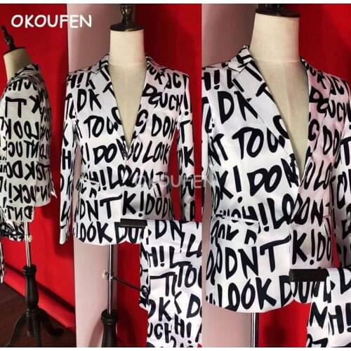 Personality Mens slim Black and white letter Suits costumes nightclub male singer DJ stage show Performance set