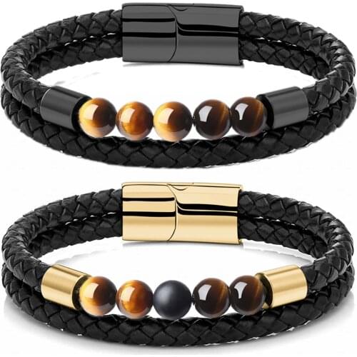 Mens Energy Series Natural Stone Retro Braided Leather Charm Bracelet Gold/black/White Stainless Steel Magnetic Clasp Bangle