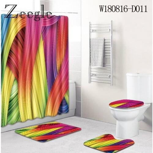 Zeegle 4pcs Bath Mat Set Striped Bath Mat Set with Shower Curtain Lid Toilet Cover Toilet Accessories Shower Curtain with Hooks