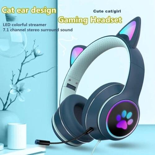 New AKZ-022 Cat Ear Wired Headphone 7.1 Channel LED Lighting Over-head Headset With Noise Reduction Microphone