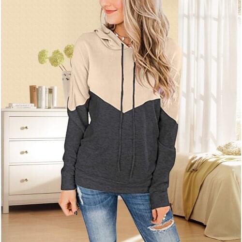 Autumn Color Block Casual Hoddies For Women Long Sleeve Pullover Hooded Top Female Drawstring Basic Fashion Sweatshirt Clothing