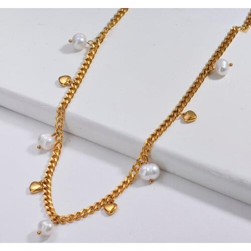 BaoYan Punk Freshwater Pearl Necklace Natural Pearl Beaded With Heart Cross Star Charm Curb Link Chain Chunky Necklace For Women
