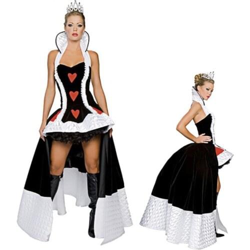 Free Sexy Poker Queen Nobility Long Dress Princess Vicious Witch Costume Masquerade Vampire Cosplay Halloween Red Heart Costume