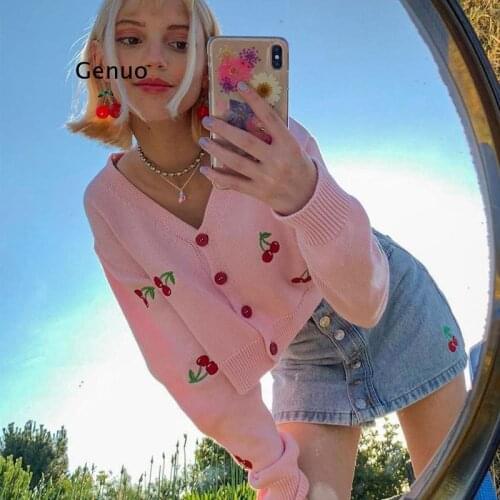 Sweet Single-Breasted Cherry Embroidery Knitted Cardigans Y2K Outfits Loosed V-Neck Long Sleeve Cropped Tops Fall