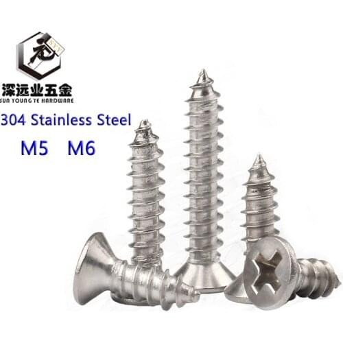 Phillips Screw 304 Stainless Steel Cross Recessed Flat Head Countersunk Self-tapping Phillips Furniture Wood Screws M5 M6