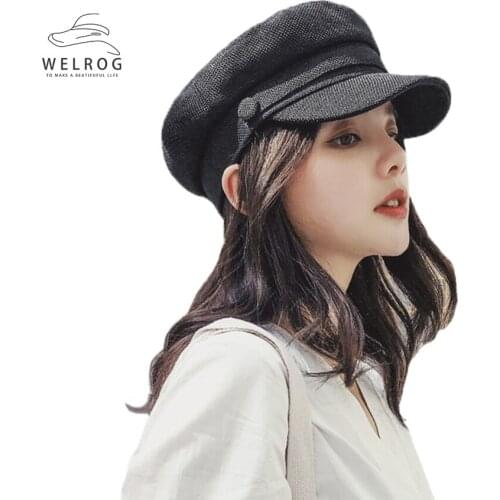 WELROG Simple Plaid Octagonal Hat Cotton Linen Newsboy Caps Spring Wild Octagonal Hat For Women Lattice Military Cap British Hat