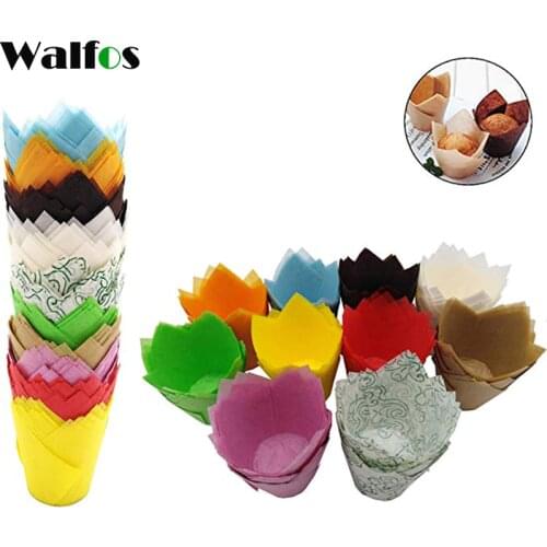 WALFOS 50Pcs Tulip Flower Chocolate Cupcake Wrapper Baking Muffin Paper Liner Mold Disposable Paper Cake Decoration Supplies