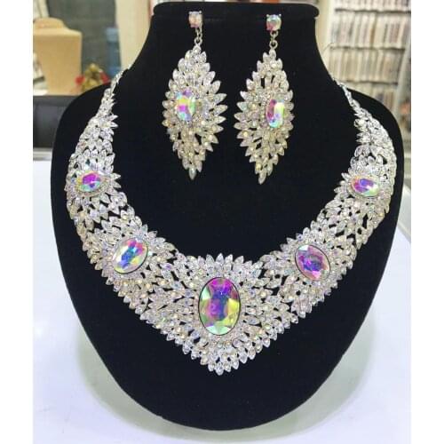 Nigerian Jewelry sets Women Wedding Bridal Jewelry Cubic Zircon Necklace Rhinestone Drop Earrings