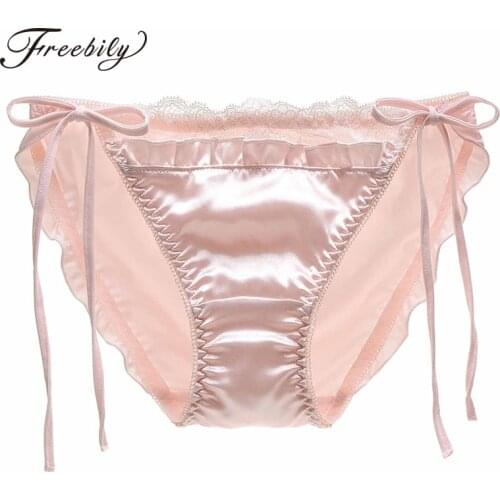 Women Lace Trim Satin Panties Low Waist Sides Lace-Up Briefs Solid Color Underwear Breathable Comfy Female Seamless Underpants